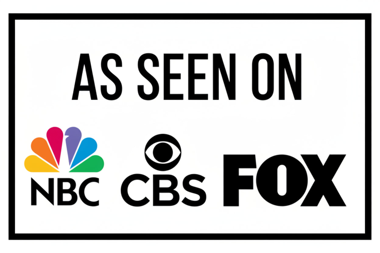 Logos of NBC, CBS, and Fox with 'As Seen On' text above them on a black background.