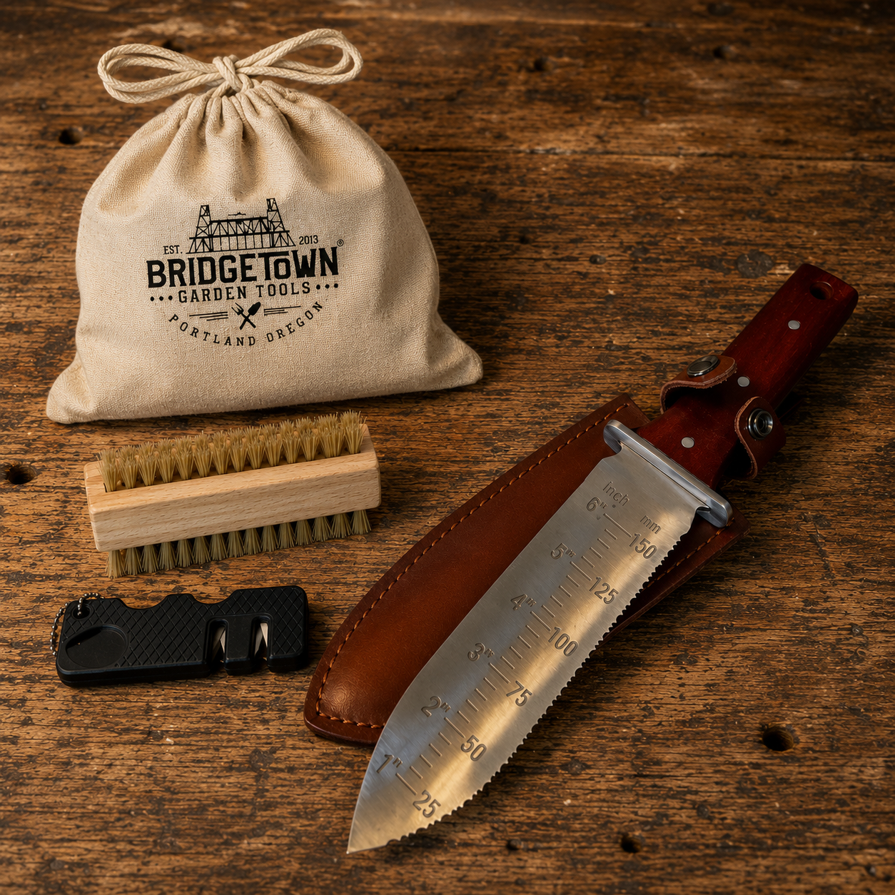 Rosewood Hori Hori Knife, Sharpening Kit and Wooden Nail Brush Bundle - Horihori.com